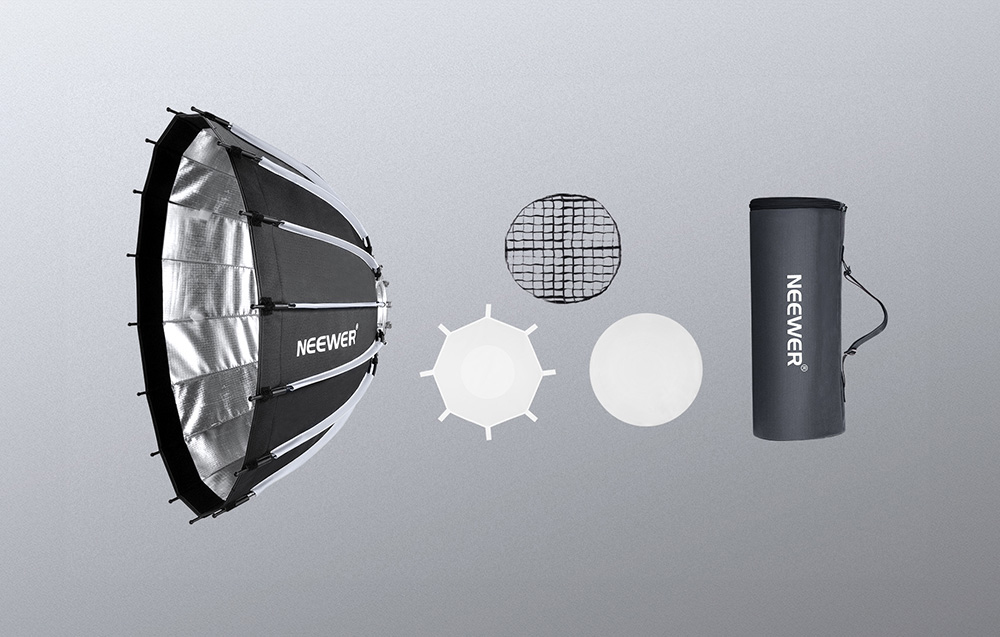 Κιτ εξαρτημάτων softbox της Neewer που περιλαμβάνει παραβολικό softbox, κυψελοειδές πλέγμα, δύο στρώματα διαχυτών και τσάντα μεταφοράς